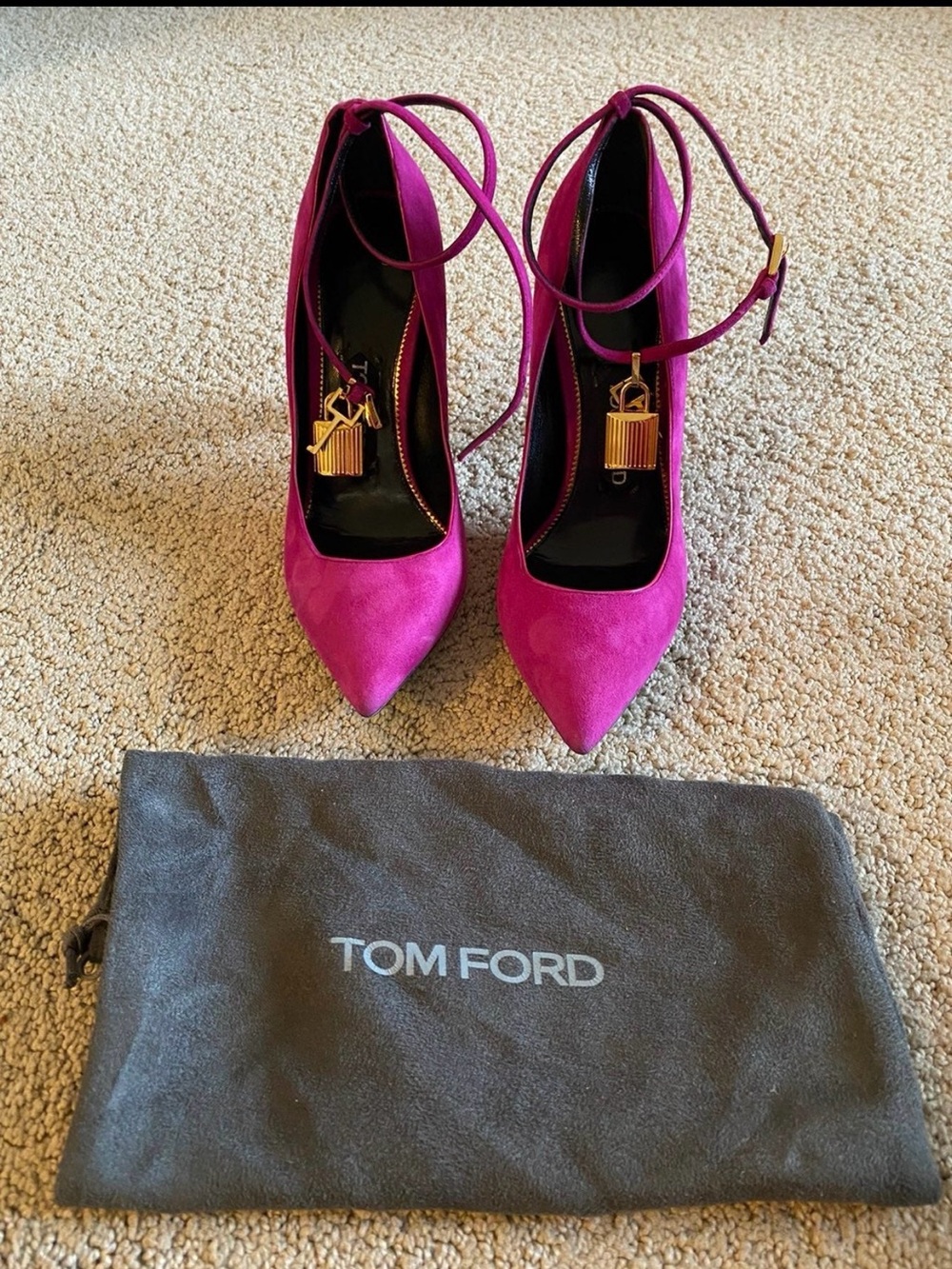 Tom Ford Magenta Suede Ankle-Tie Pointed-Toe Pumps with Gold Padlock